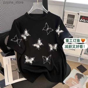 Damen-T-Shirt mit Schleife, lässiger, kurzärmeliger Sommer-Strickpullover für Damen, gemusterter Pullover im koreanischen Stil, ultradünner, weiß gemusterter Strick24329