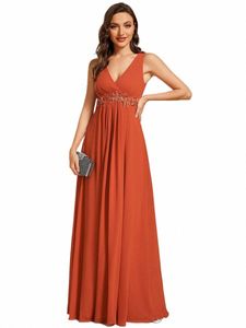 elegant Evening Dres V Neck Appliques Ruched Sleevel Appliques 2024 Ever pretty of A-Line Burnt Orange Bridesmaid dr 80se#