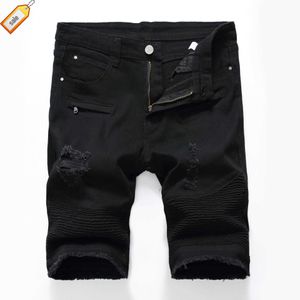 Herren-Jeansshorts, knielang, schmale Passform, große Größe, schwarz-weiße Loch-abgenutzte kurze Biker-Jeans