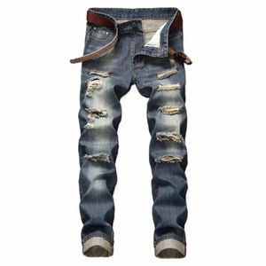 Party Jeans Fall Denim Wear High Fit Quality Stretchl Men's New Hop Ripped Hip Blue Fible Straight Pants Social Casual S1W1#