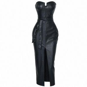 seksowna backl z ramiona skóra Midi Dr Women High Split Black Tight Party Dr Dr Summer Club Załóż niski krojone bodyc Dr r10w#