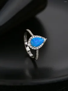 Cluster Rings Cool Style Pure 925 Silver Women's Ring Inlaid With Water Drop Blue Opal And Zircon For Exquisite Need