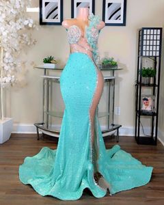 2024 Aso Ebi Mermaid Sky Blue Prom Dress Beaded Crystals Sequined Evening Formal Party Second Reception Birthday Engagement Gowns Dresses Robe De Soiree