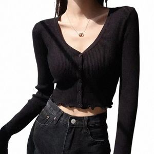 sexy Knitted Cardigan V Neck Naked Navel Crop Tops Chic Fungus Hem Shirt Women's Spring and Summer Korean Versatile Y2k Sweater G9Fh#
