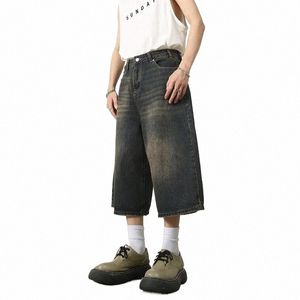 Amerikanische Retro Sommer Kalb-Länge Denim Hosen Jeans Männer High Street Über Knie Breite Bein Gerade Shorts Casual Übergroßen Shorts I3f8 #
