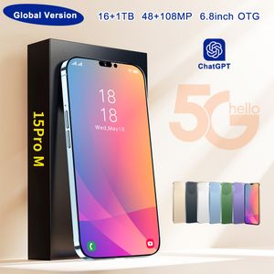 I15 Pro Max Сотовые телефоны 6,7 дюйма смартфона 4G LTE 5G Смартфоны 16 ГБ оперативной памяти 1TB Камера 48MP 108MP Face ID GPS Octa Core Android Мобильный телефон Зеленый метка запечатанная коробка