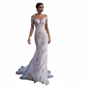 spiaggia Lg maniche sirena tulle matrimonio Dr elegante scollo a V applicazioni di pizzo Illusi indietro con culo abito da sposa Custom Made n5dl #