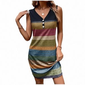 women's Summer Sleevel Dr Fi Casual Striped Printed Mini Dres Female V-Neck Butt Party Dr 2024 Plus Size New f5ey#