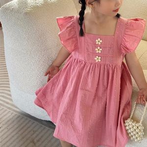 Summer Girl Dress Solid Cotton Lovely Ruffle Sleeveless Party Dresses for Children Casual Clothing Kids Fashion Style 240326