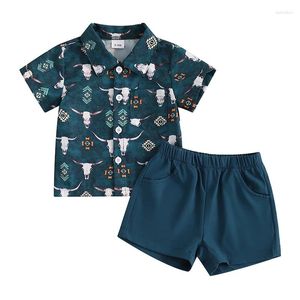 Kläduppsättningar småbarn Baby Boys Western Shorts 2st Summer Outfits Cow Print Kort ärmknapp ner skjorta och kostym