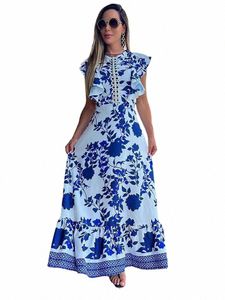 2023 Ny blå blommor tryck Vit dres kvinnor spetsar ihåliga ut LG Dr Holiady Summer Bodyc Robe Elegant Ruffles Vestidos K8am#