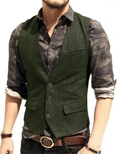 Mäns västar Army Green Mans passar Vest Waistcoat V Neck Wool HerringBone Tweed Jacket Slim Fit Gilet Casual Groomman For Wedding