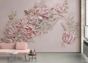 Обои Розовый цветок Обои 3D Настенные фрески Ручная роспись Тисненая роза Декор Печать на холсте Искусство Цветочная бумага Контакт