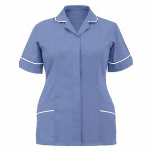 Solid Women Lapel Working Uniform Pocket Blue Nurse Uniforms Kort ärm Clinic Nursing Scrub Topps Healthcare Carer Tunic 949x#