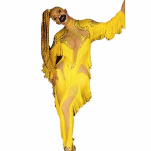 giallo nappa Lg maniche tute sexy per le donne Party Rave Abbigliamento costumi di performance sul palco Club Drag Queen indossa L9xX #