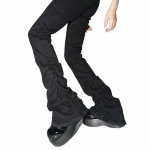 skinny Black Ruched Flare Jeans Women Y2k High-elastic Bootcut Stacked Pants High Waist Trousers Harajuku Goth Grunge Clothes C3e8#