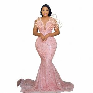 Elegancka różowa cekinowa z koralikami Prom Dres African Women 3D Pearls Plus Size Party Dr ASO EBI Style Wedding Recepti Suknie 2024 02sm#