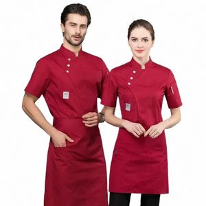 Sommarkvinnor och män Kök Restaurang Kockar Workwear Red Chef Uniform White Shirt Chef Jacket 84KW#