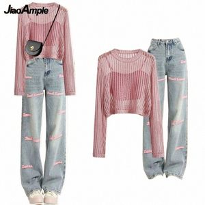 women's 2023 Summer New Jeans Matching Set Korean Elegant Strap Blouse Letter Denim Pants Three Piece Female Chic Trousers Suit d4cv#