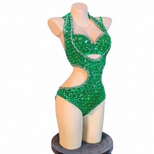 green Big Rhinestes Bodysuit Sexy Gogo Dancer Costumes Women Pole Dance Hollow Outfit Nightclub Dj Ds Stage Rave Clothes 6726 x4es#