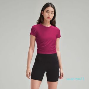 LL Damen-Yoga-Anzug, Damen-Kurzarm-T-Shirt-Shorts, atmungsaktives und eng anliegendes, geripptes, hochelastisches Nylon-Sport-Mode-Gym-Kurzarm-Shirt