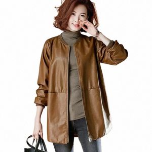 2023 Spring and Autumn Women's Mid Length Leather Jacket PU Baseball Uniform Commute Style Loose and Slimming Faux Leather Coat F65y#