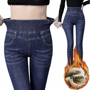 Hohe Taille dünne Bleistiftjeans Mom Herbst Winter verdicken warme Denim-Hosen beiläufige Veet-gefütterte Vaqueros Große Größe 38 Stretch-Hose E8Fh #