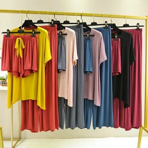 Startseite Kleidung Koreanische Pyjamas Für Frauen Nacht Kurzarm Frühling Sommer Nachtwäsche Set Modal Komfort Loungewear Drei Stück Anzug