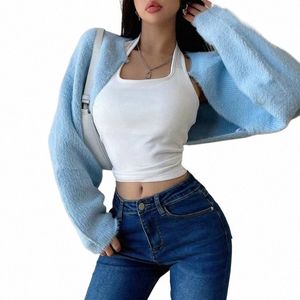 Mohair Knitted Bolero Cardigan dla kobiet Otwarte FRT Cropged Rrukug Sweter Fuzzy LG Tangeve Trendy Knitwear X1OS#