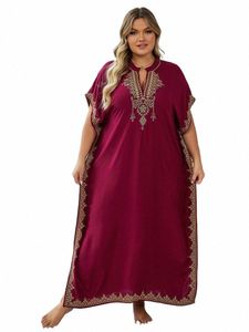 Plus Size 2024 Verão Bohemian Bordado Sexy V Neck Kaftan Lg Dr Túnica Mulheres Roupas Beachwear Maxi Dres Q1545 58rv #