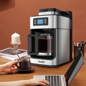 Venda quente 2 em 1 máquina de café por gotejamento Máquina de café automática Moedor com display digital Moído na hora Estilo europeu Espresso Chá Leite Máquina de café para sala de escritório
