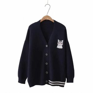 Gato Bordado Camisola Cardigan Mulheres Outono Inverno Casacos De Malha Simples Casacos Quentes Cardigan Casual Manga Lg Engrossar Top L5nN #