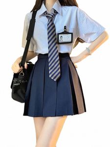 American Casual Oversize w paski koszulka plisowana spódnica pełna zestaw rękawów LG/krótkie rękawy luźne kobiety JK Set Set Styl college'u A0ly##