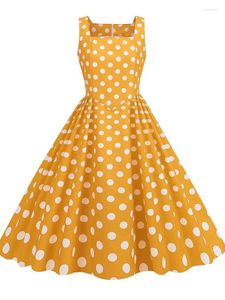 Abiti casual Giallo 2024 Estate Retro Party Per Le Donne Della Cinghia di Spaghetti Polka Dot Stampa Elegante Midi Vestito Estivo Vintage Vestaglie Altalena