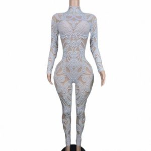 sparkly Beaded Full Pearl Luxury Women Jumpsuits Wedding Party Birthday Queen Stage Performance Wear White Dance Costume g4OB#