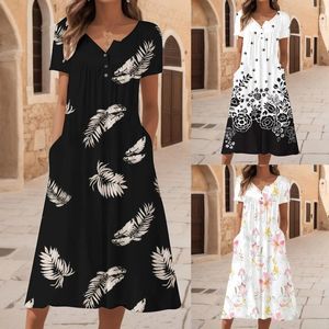 Casual Dresses Women Floral Print Dress Short Sleeve Crew Neck Loose Summer Boho Beach Sundress Elegant For 2024