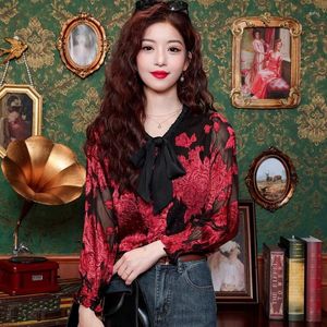 Women's Blouses Retro Jacquard Chiffon Rolled Diamond Bow Tie Shirt For Spring 2024 Chinese Style Top Age Reducing Shirts