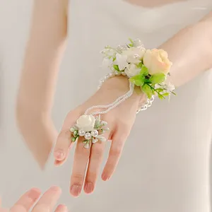 Strand Frauen elegante künstliche Rose Hand Blumen mit Perle Handgelenk Corsage handgemachte Brautjungfer Armband Braut Zubehör Hochzeit