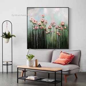 100% feito à mão Novo design multicolorido abstrato rosa flor pintura a óleo sobre fundo verde pintura em tela arte moderna casa sala de estar decoração de parede presente personalizado