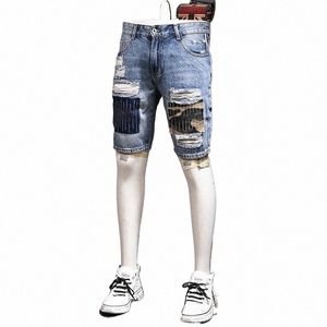 ripped Short Jeans Men Streetwear Camoue Patches Denim Shorts Summer Fi Casual Blue Regular Straight Knee Length Pants 57r6#