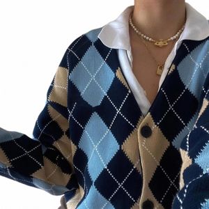 Y2K Women Fi Color Block Loose Sweaters Autumn Winter Adults Butt Down Argyle Print LG Sleeve V-Neck Cardigans 34i7#