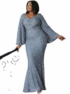 Missord Gray Carzy cekiny Plus Dres Dres Kobiety Eleganckie V Neck Trąbe rękawy Maxi Party Mermaid Dres LG Suknia 22UL#