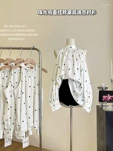 Blusas femininas francesas elegantes manga bufante fora do ombro chique polka dot tops mulheres simples camisas brancas gola alta design verão mori menina