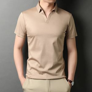 MLSHP Mercerized Cotton Polo Shirt Men Högkvalitativ Kort ärm Slå ner krage fast färg tunna casual mens topps 4xl 240329