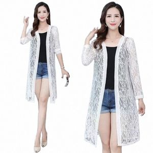 2024 Sommarkvinnor Sun Protecti Lace Cardigan Mid-längd Mesh sjal Loose Clothing Women Jacket Skjorta Ytterkläder 32OQ#