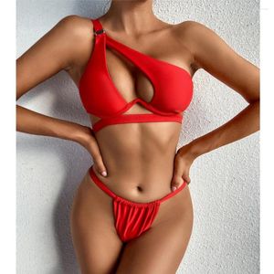 Damen-Badebekleidung, roter Bikini, Push-Up-Badeanzug, Mikro-Tanga, ausgeschnitten, One-Shoulder-Bikini-Sets, Damen-Sexy-Strand-Outfit, Schwimm-Badeanzug