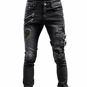 Svart broderi jeans Men Cott Stretchy rippade magra jeans högkvalitativa hiphop svart hål smal passform överdimensionerad denim byxor w0m5#