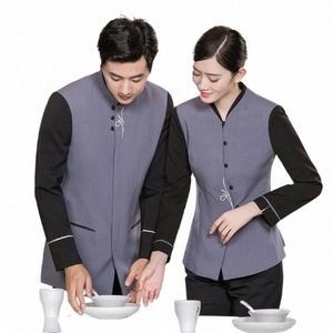 waiter Overalls Lg-sleeved Hotel Chinese Tea Restaurant Catering Clothing Food Service Coffee Shop Staff Overalls Hotel Shirt X47Q#
