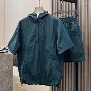 Men's Tracksuits 2024 Summer Loose Zipper Two-piece Set Korean Fashion High-end High Street Trendy Hooded Workwear Solid Color Shorts