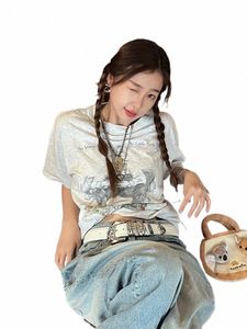 yu Shuxin Star Same Style Grey Letter Printing Short Sleeve T-shirt Women's Summer 2023 New Pure Cott Round Neck Top V4EG#